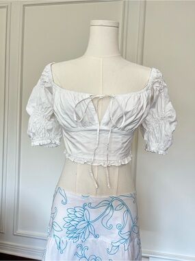 Zara White Milkmaid Tie Back Crop Top Puff Sleeve Cottagecore S